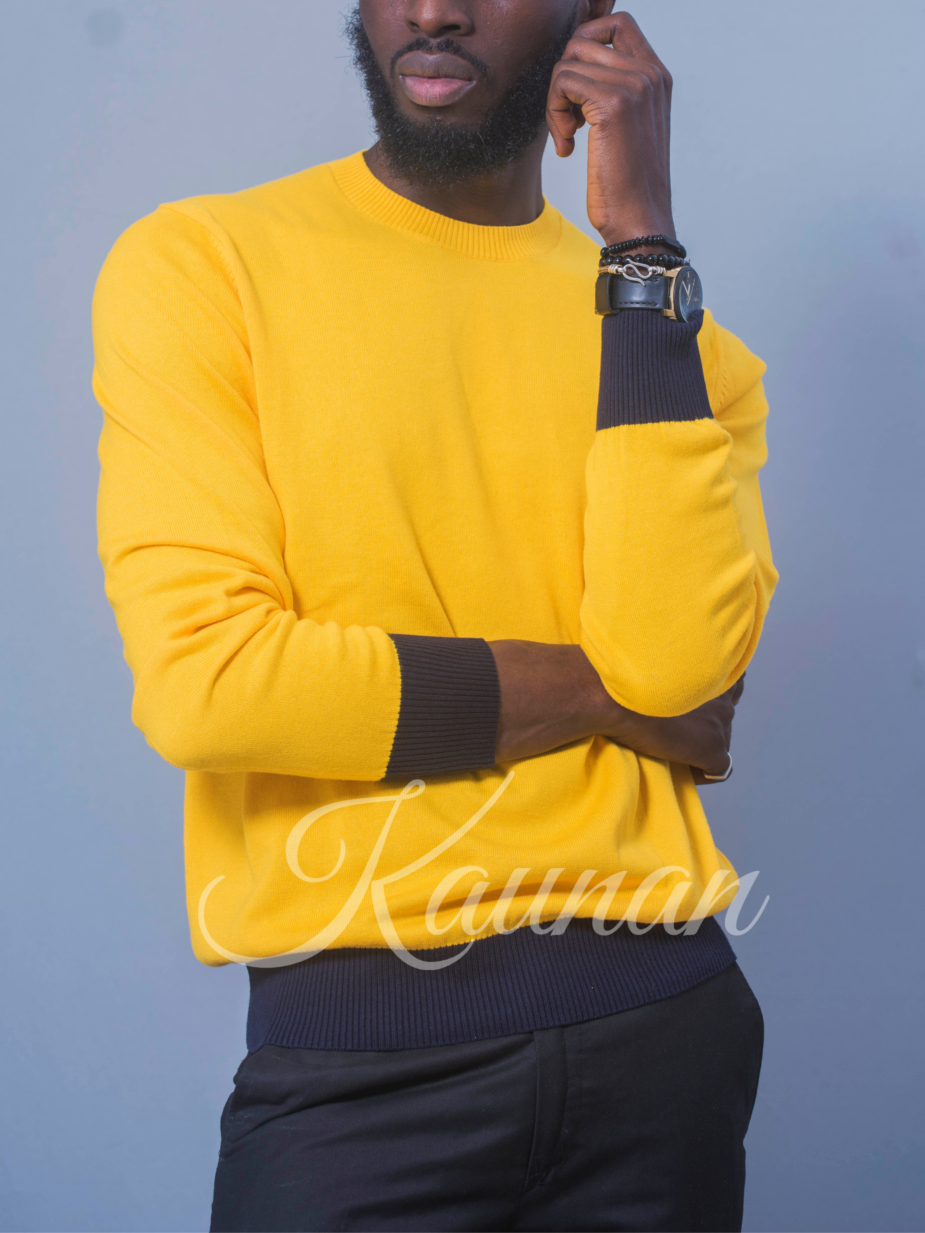 Pull col rond, Jaune, 100% coton